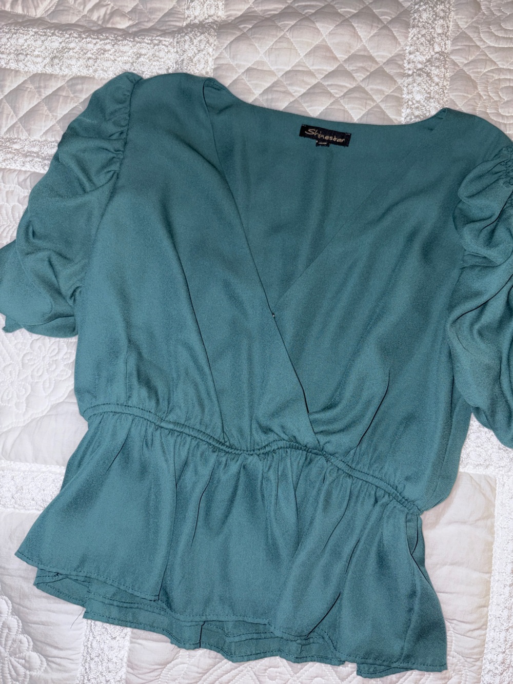 Shinestar Teal Short-Sleeve Peplum Top Snap Closure